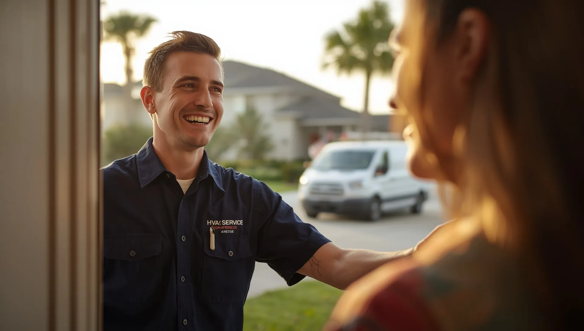 A service technician greeting a homeowner at the front door