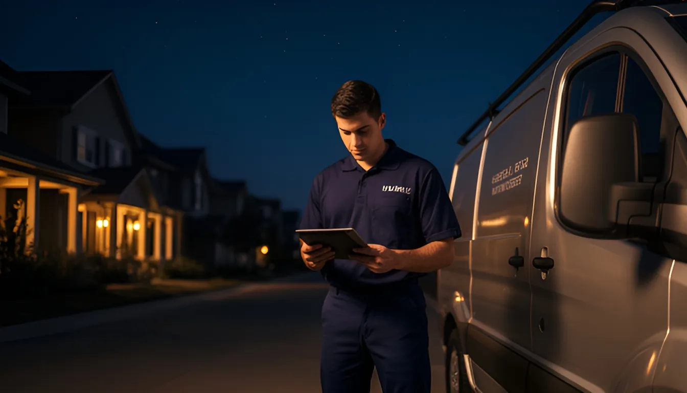 A service technician checking a tablet beside a van at dusk