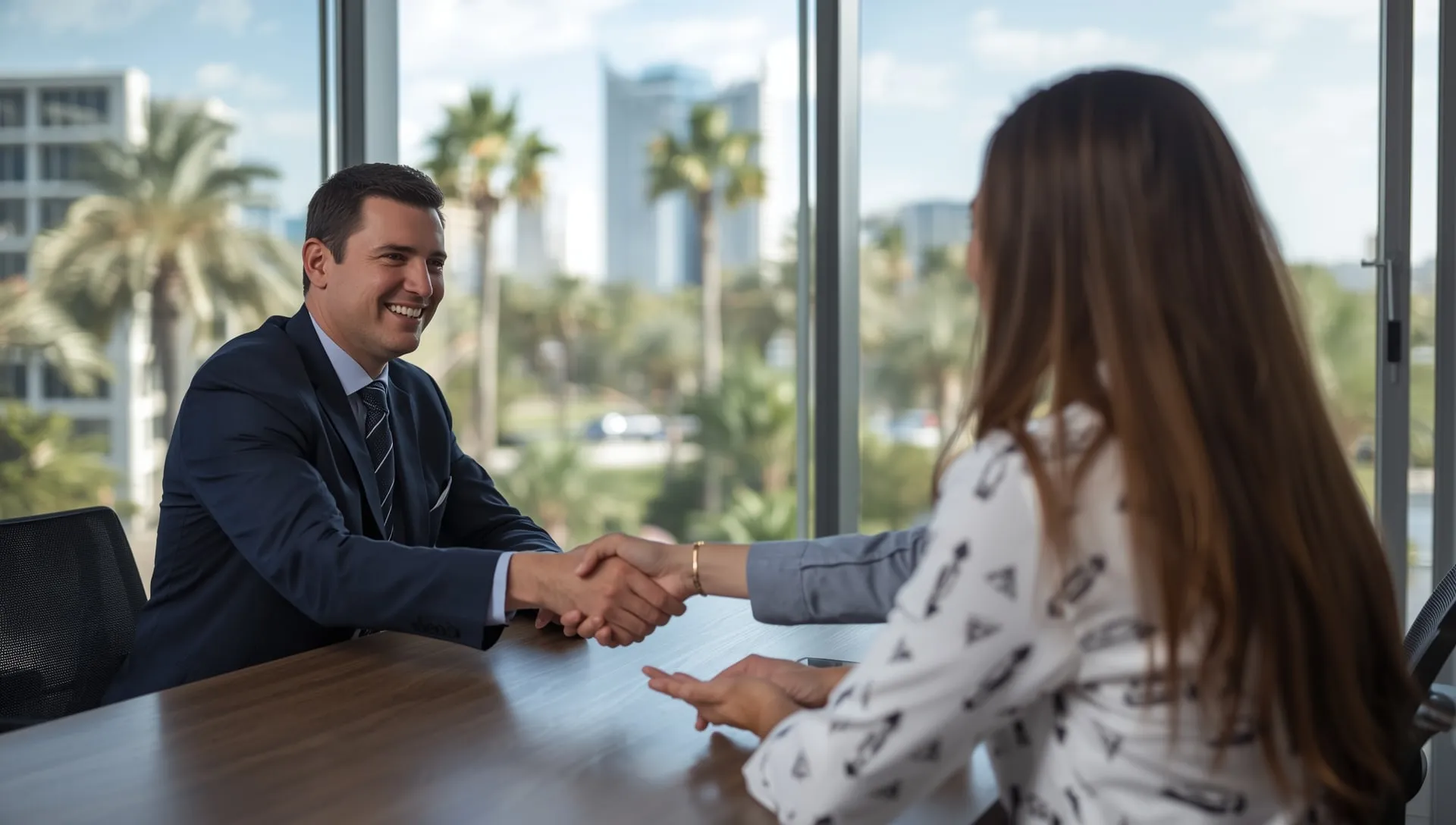 An attorney shaking hands with a client in a sunny office