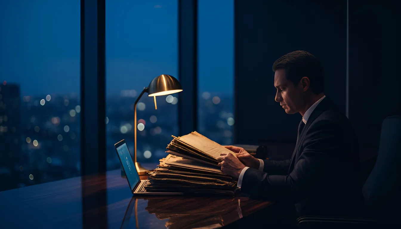 An attorney reviewing case files at night