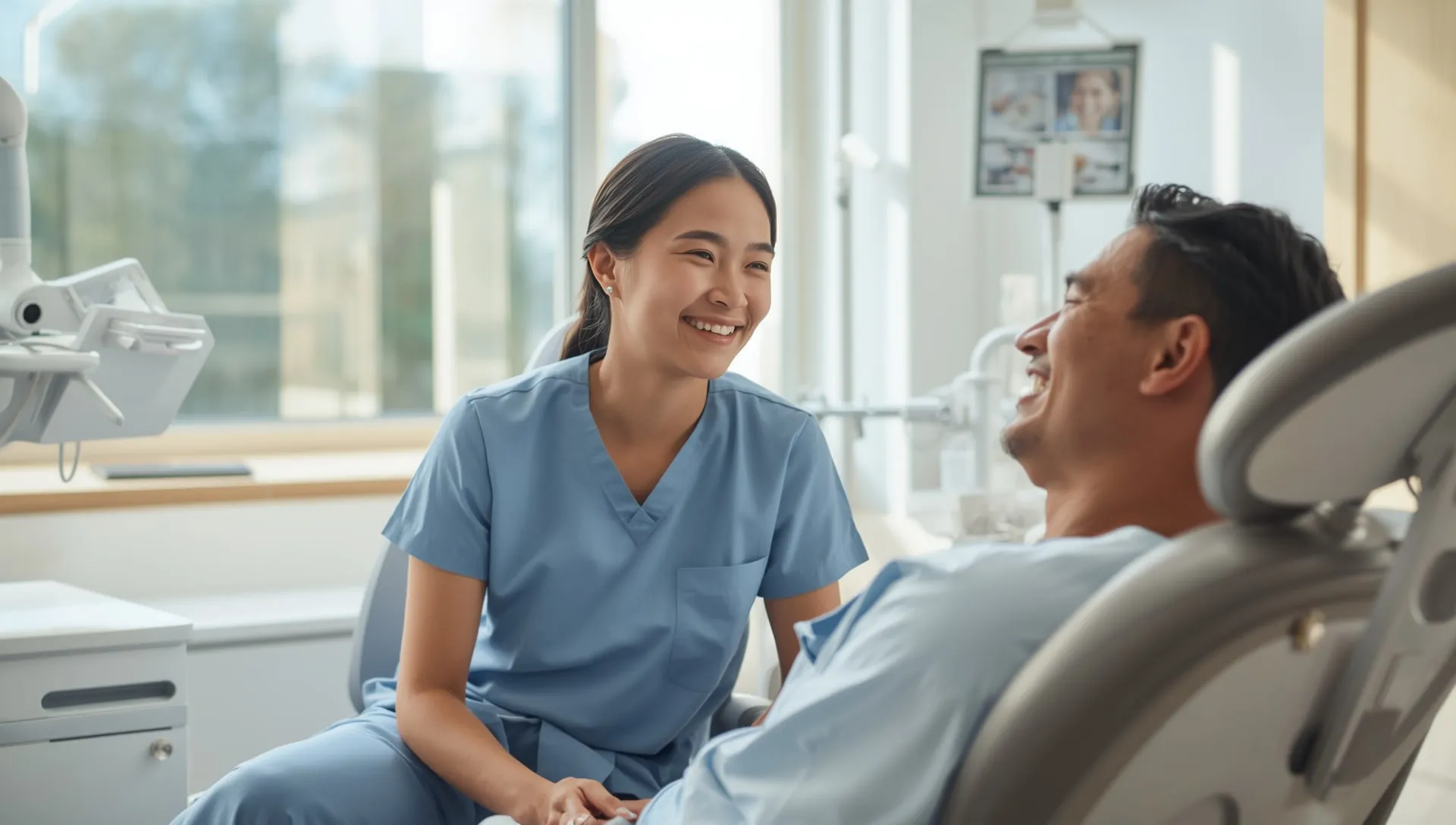 A dentist laughing with a patient in a bright clinic