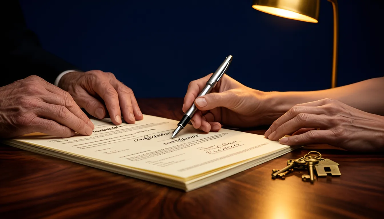 Hands passing a pen across closing documents beside house keys