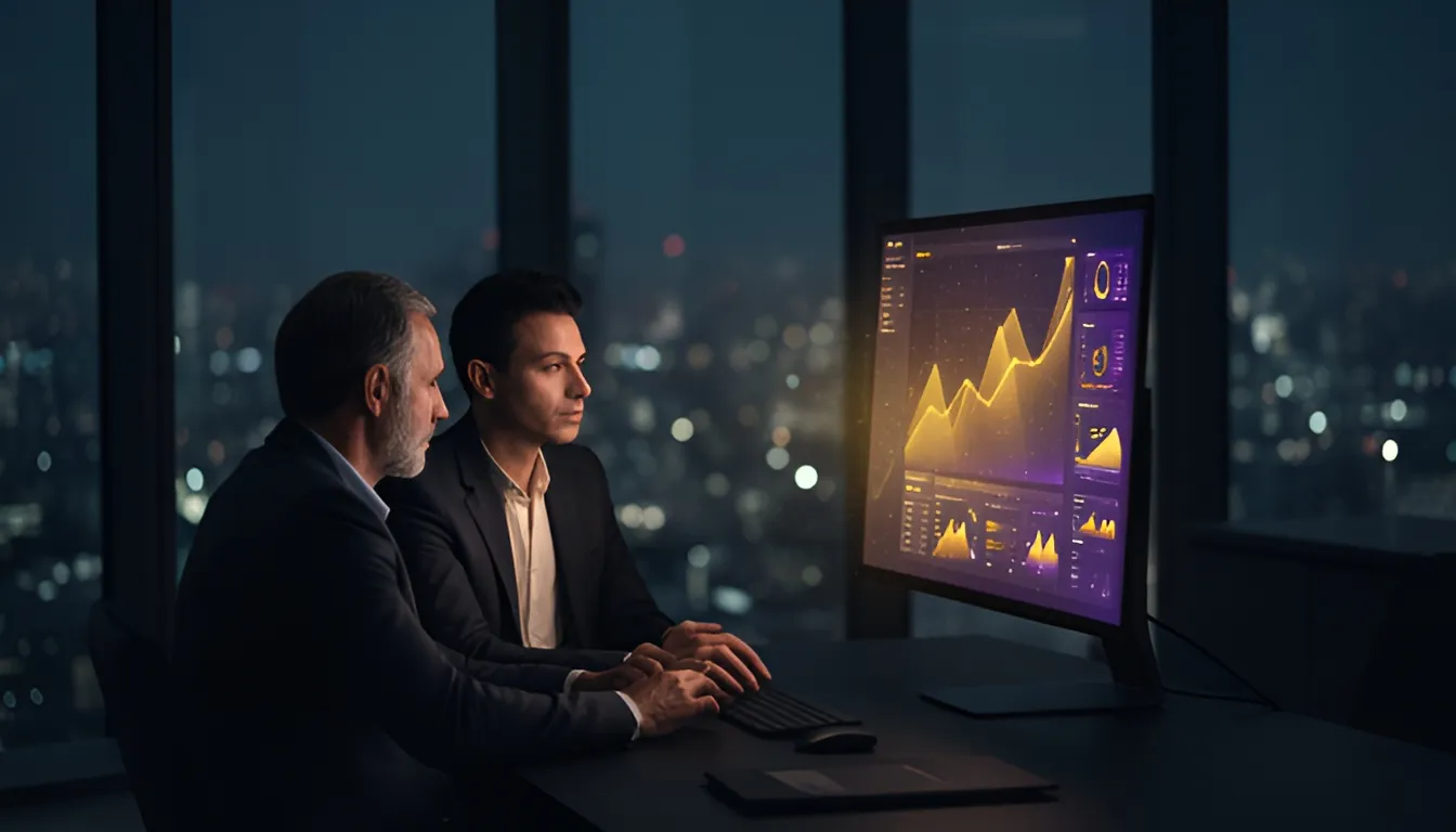 An owner and an advisor studying a growth dashboard at night